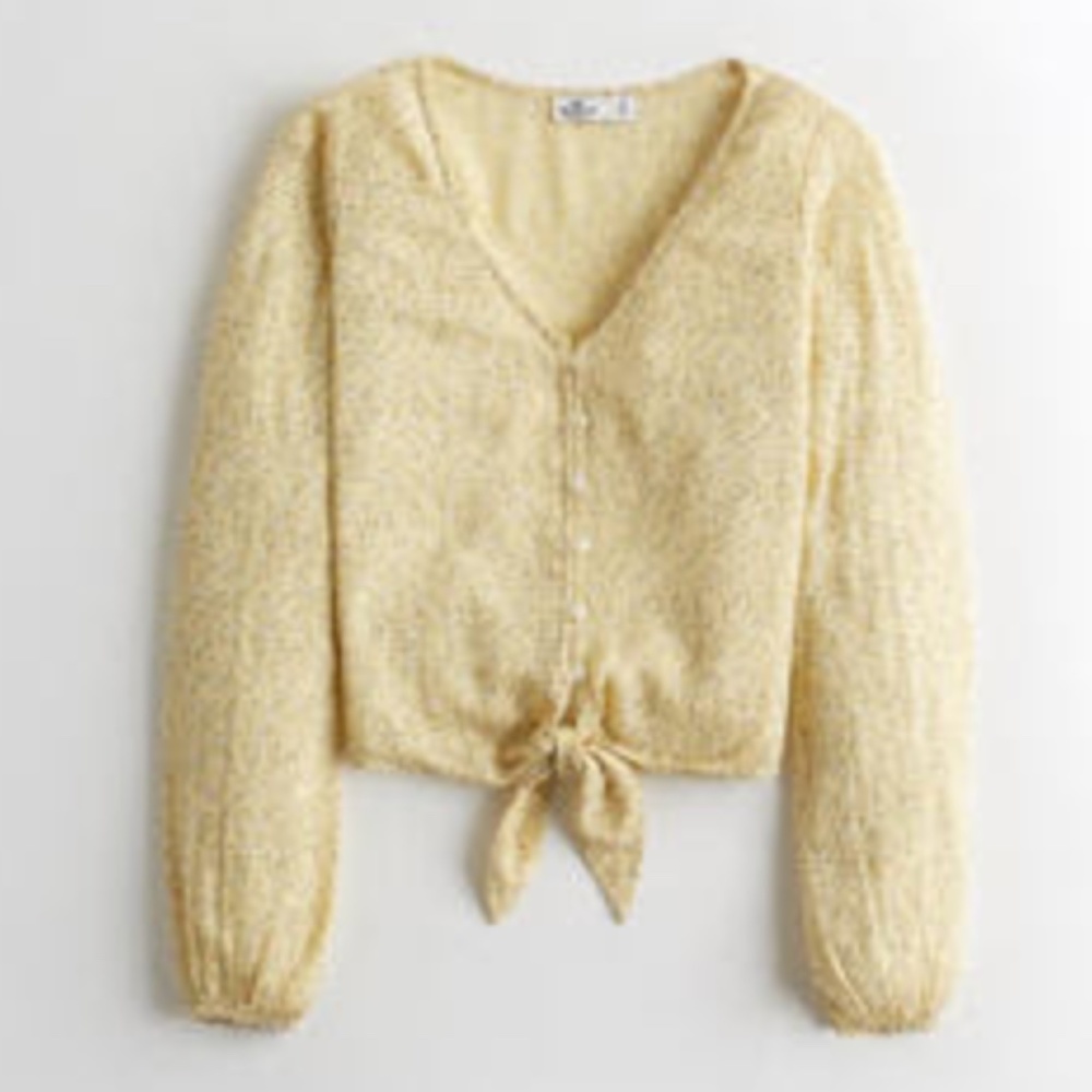 Yellow Long Sleeve Tie Blouse